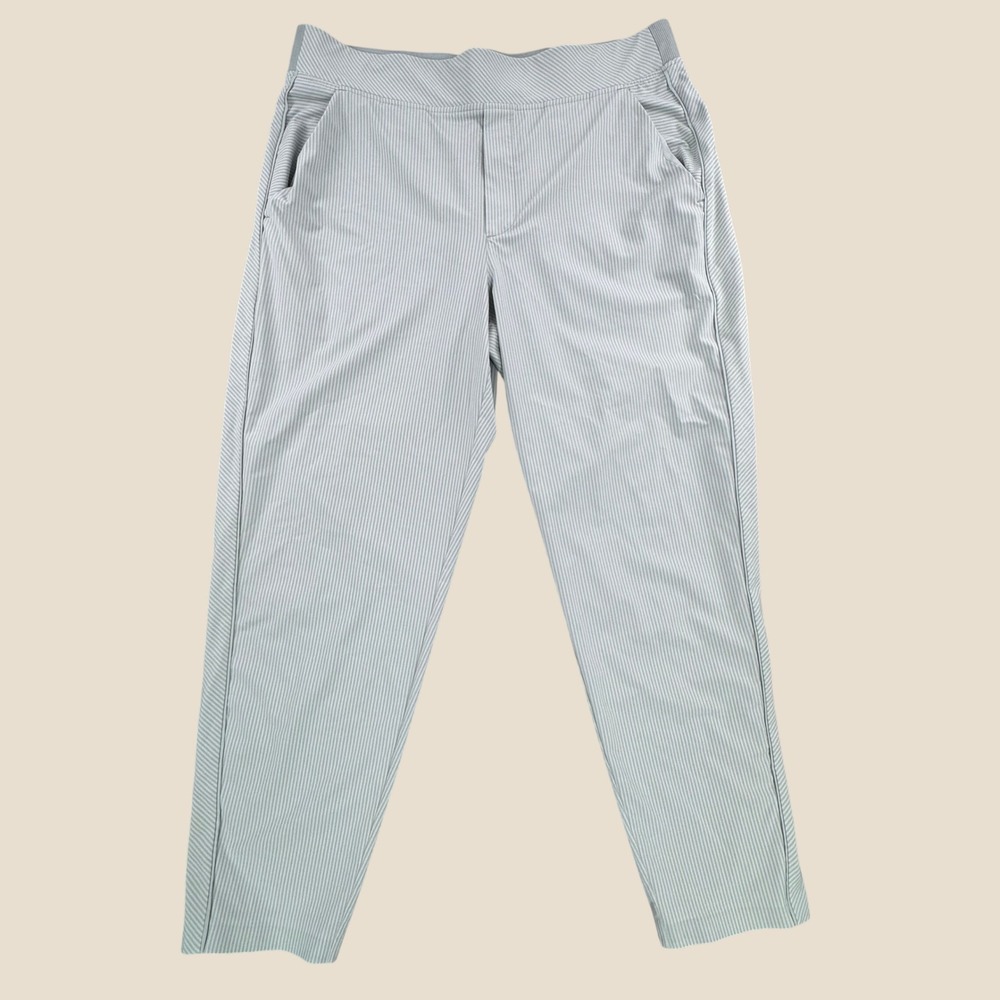 Athleta Brooklyn Ankle Pants 14 Sage Green White Pinstripe 988050-01 Rib Waist